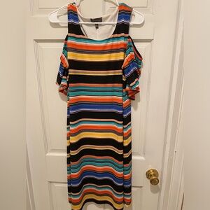 Luxology Black and Gold Cold Shoulder Flutter Sleeve Midi Dress